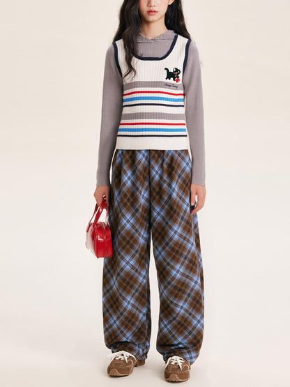 Unisex Blue Plaid Wide Leg Pants with Relaxed Fit