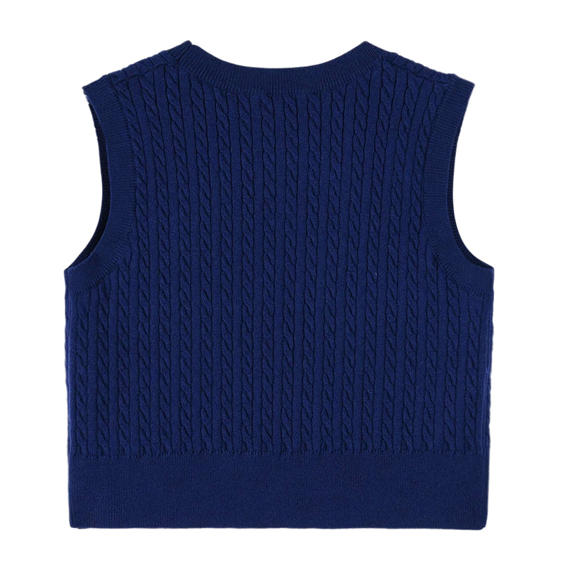 Cute Navy Knitted Vest with Red Bow Detail for Girls