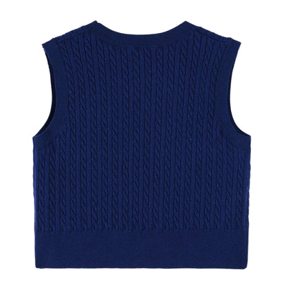 Cute Navy Knitted Vest with Red Bow Detail for Girls