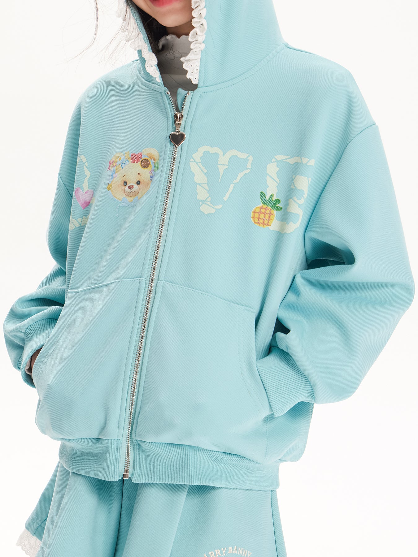 Girls Cartoon Hoodie and Lace Trim Shorts Two-Piece Set
