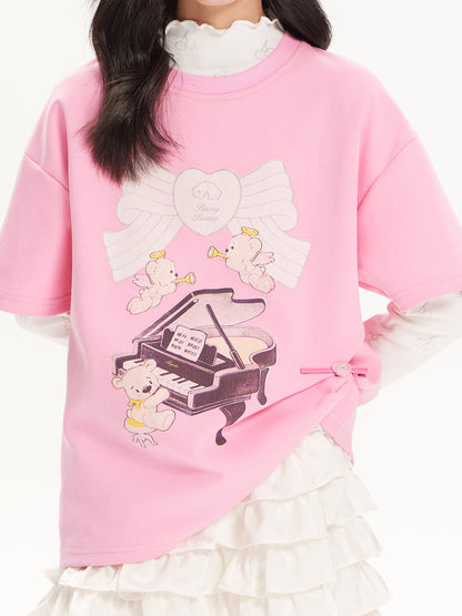 Girls Pink Short Sleeve Graphic Cotton T-Shirt