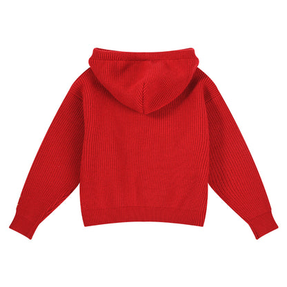 Girls Knit Hoodie with Flower Embroidery