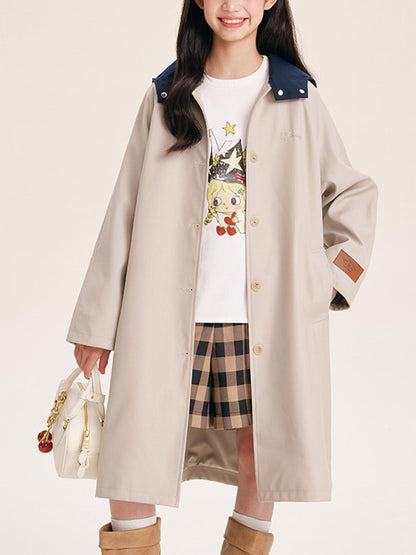 Stylish Mid-Length Trench Coat for Girls – Classic Apricot with Navy Collar