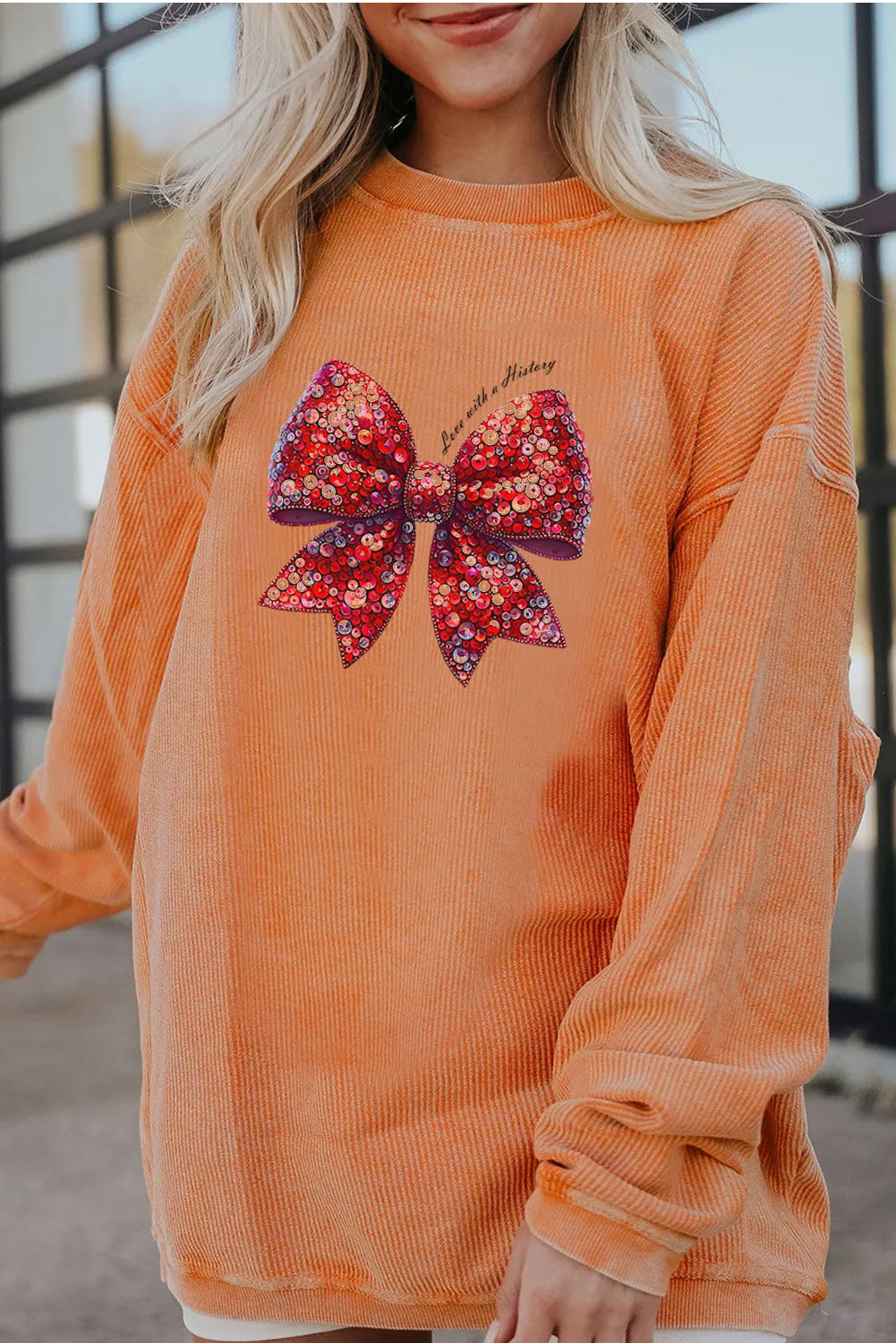 Valentine Sequin Bow Heat Transfer Corduroy Sweatshirt
