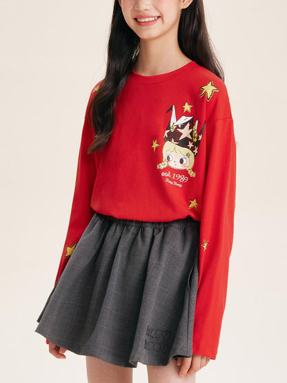 Girls Red Pullover Crewneck Cotton Long Sleeve Top