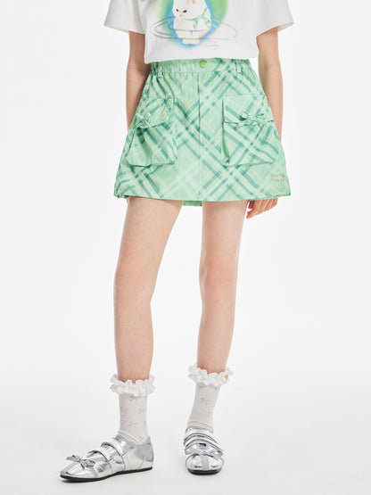 Girls Cargo Pocket Plaid Mini Skirt Green
