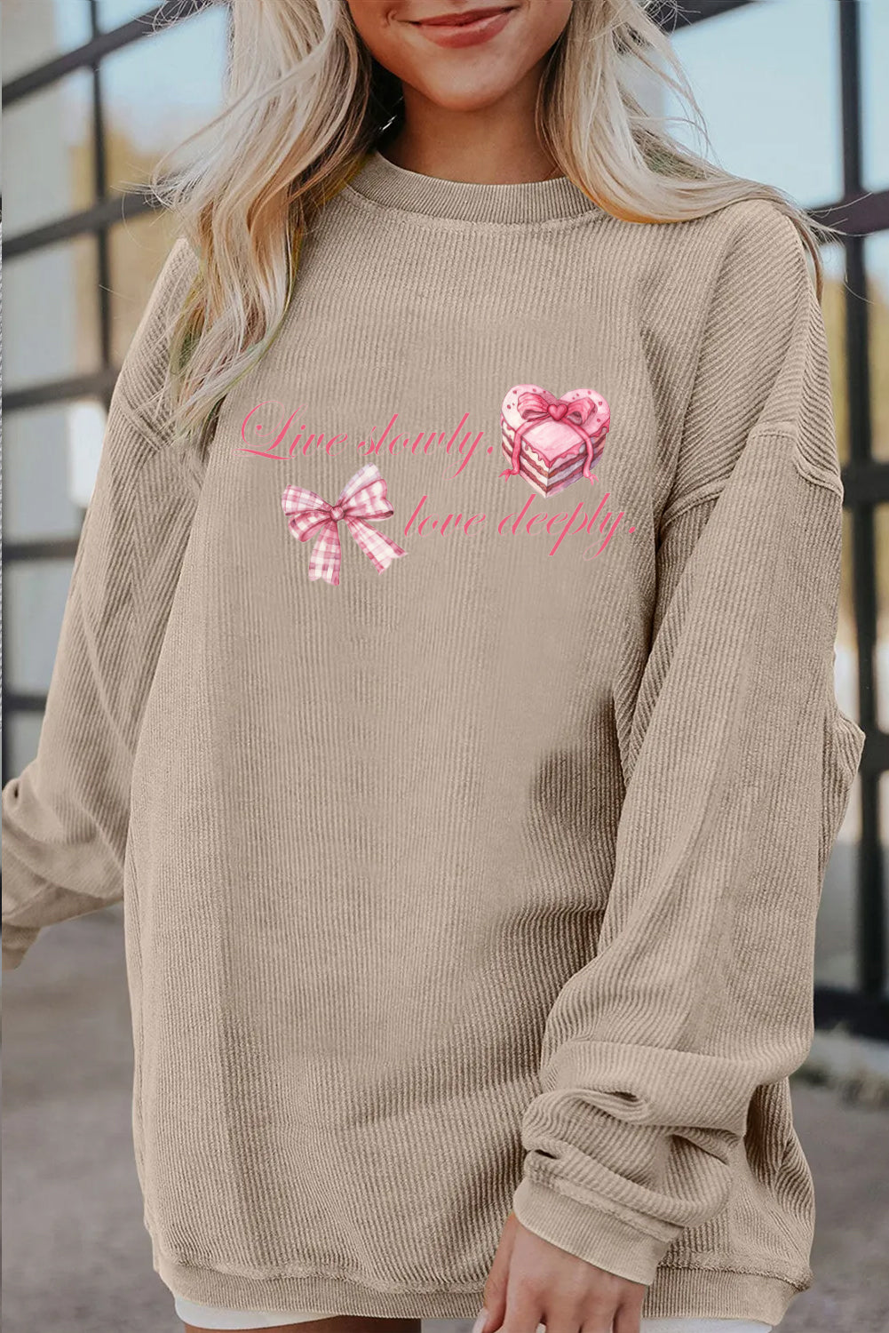 Valentine Bow Heart Corduroy Ribbed Oversized Sweatshirt