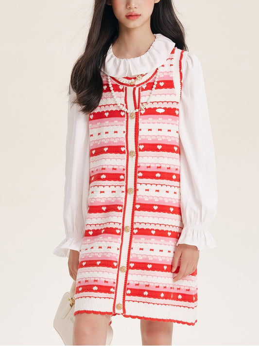 Girls' Red Striped Knit Sleeveless Sweater Dress