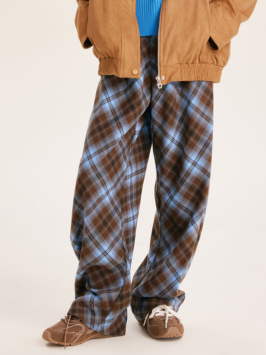 Unisex Blue Plaid Wide Leg Pants with Relaxed Fit