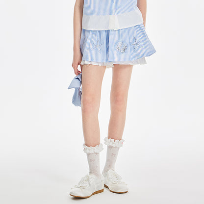 Girls Ruffle Sleeve Striped Blouse and Skirt Shorts