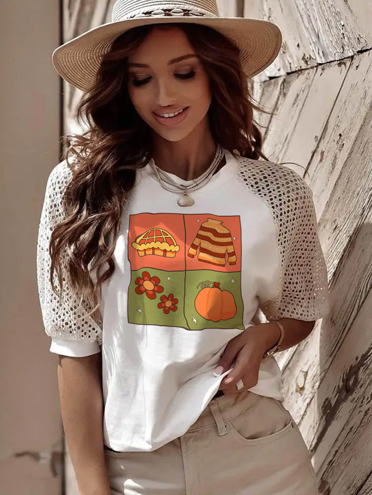 Thanksgiving Fall Pumpkin Pie Sweater Graphic Lace Sleeve Tee