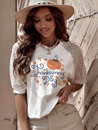 Thanksgiving Pumpkin Leaves Graphic Lace Sleeve Tee