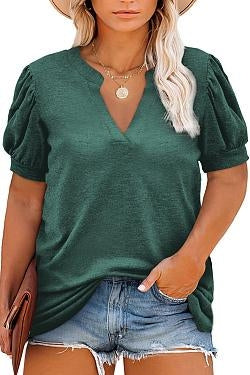 V Neck Puff Sleeve Shirts for Women Cute Plus Size T-Shirts