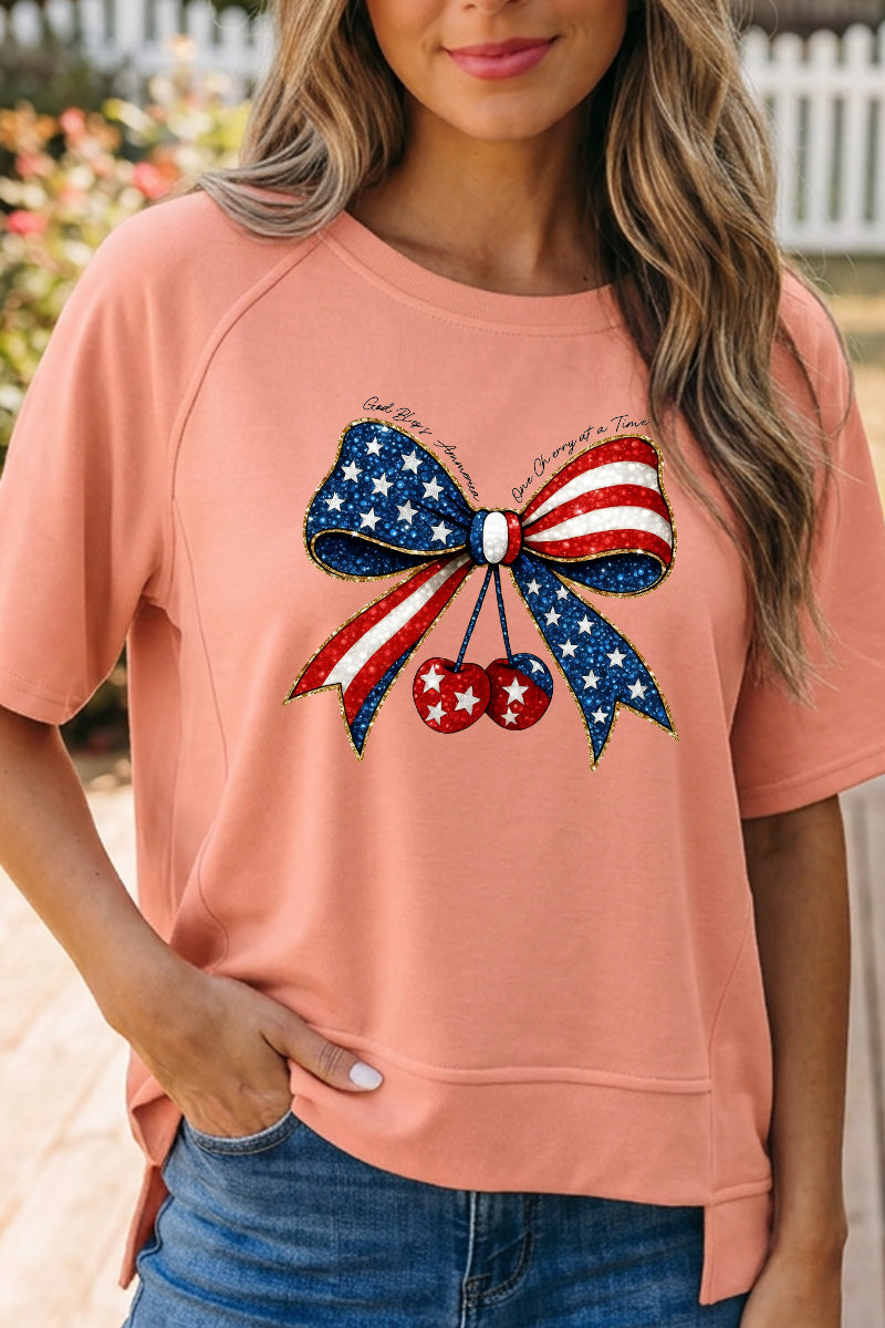 4th of July Bow Cherry Graphic Oversized Tee Top