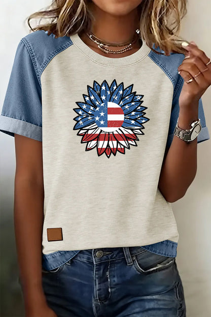 4th of July Sunflower Denim Patchwork Raglan Tee