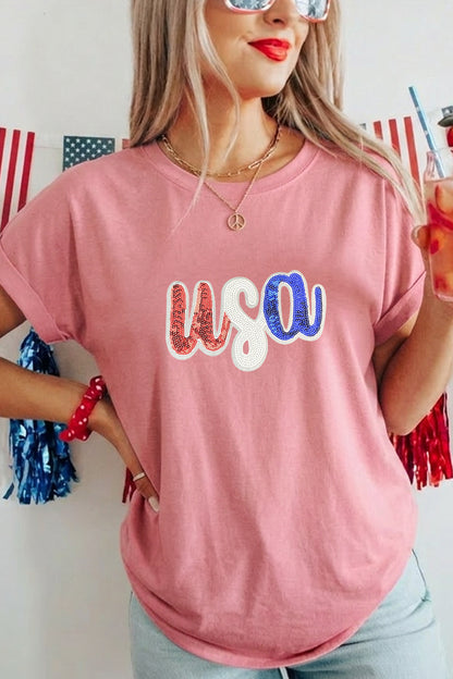 USA Sequin Patch July 4th Patriotic Graphic Tee