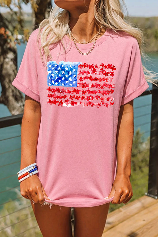 American Flag Floral Graphic July 4th Tee Shirt