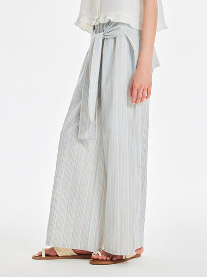 Striped Wide Leg Pants with Tie Waist and Pockets