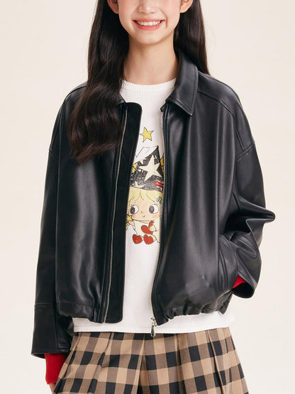 Girls' Black Faux Leather Zip-Up Bomber Jacket