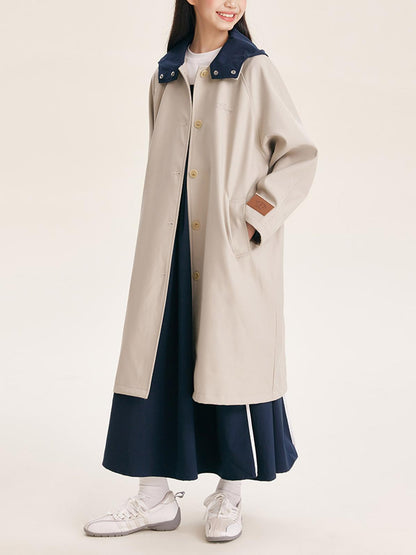 Stylish Mid-Length Trench Coat for Girls – Classic Apricot with Navy Collar