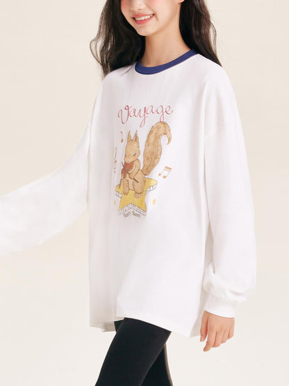 Girls Squirrel Print Long Sleeve Cotton T Shirt