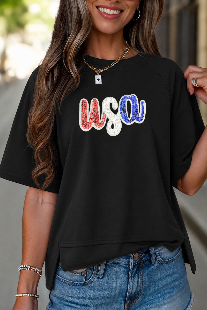 USA Sequin Graphic Oversized July 4th Tee Top