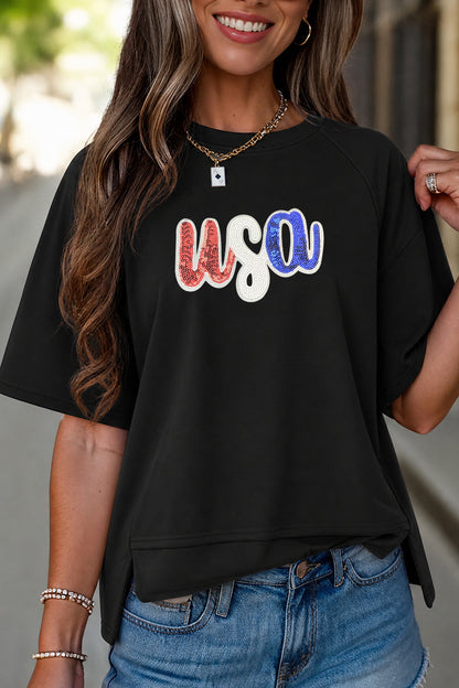 USA Sequin Graphic Oversized July 4th Tee Top