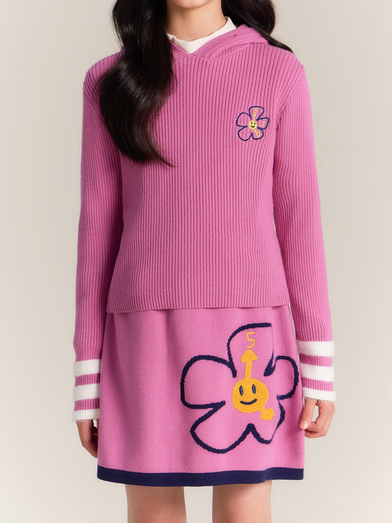 Girls Pink Hoodie Knit Top and Skirt Set