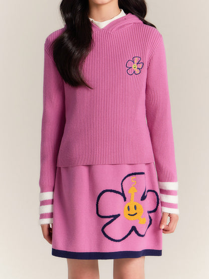 Girls Pink Hoodie Knit Top and Skirt Set