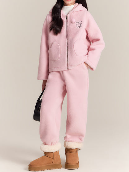 Kids Fleece Coat & Pants Set, Warm Lamb Wool Winter Outfit