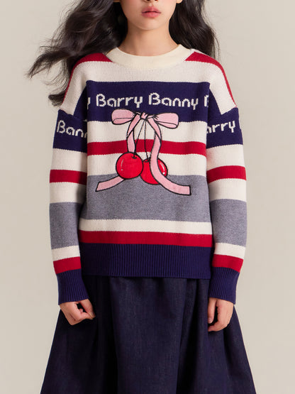Girls Thick Knit Crew Neck Sweater with Cherry Design