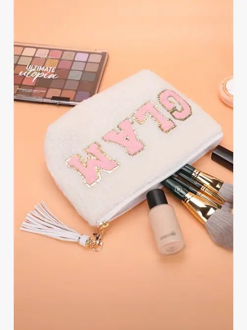 White Sparkle Letter Pattern Tassel Zipper Makeup Bag