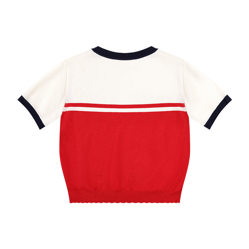 Girls Red Knit Bow Crew Neck Short Sleeve T-Shirt
