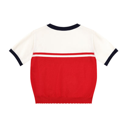 Girls Red Knit Bow Crew Neck Short Sleeve T-Shirt