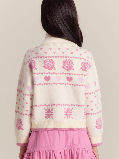 Girls’ Floral Knit Zip-Up Sweater - Cozy & Cute Cardigan