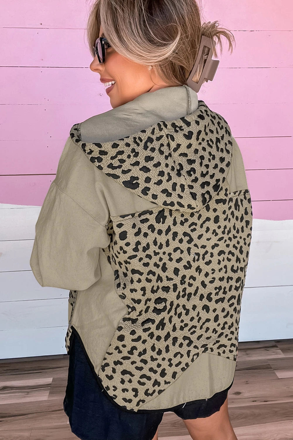 Brown Leopard Star Hooded Patchwork Contrast Piping Open Front Jacket