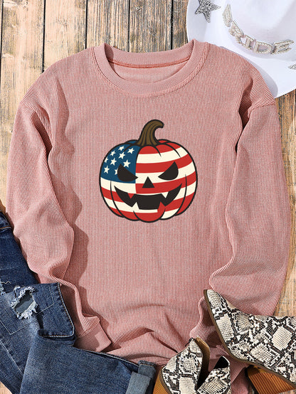 American Flag Pumpkin Graphic Oversized Ribbed Sweatshirt