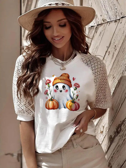 Thanksgiving Cute Ghost Pumpkin Graphic Tee with Lace Sleeves