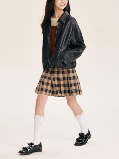 Girls' Black Faux Leather Zip-Up Bomber Jacket