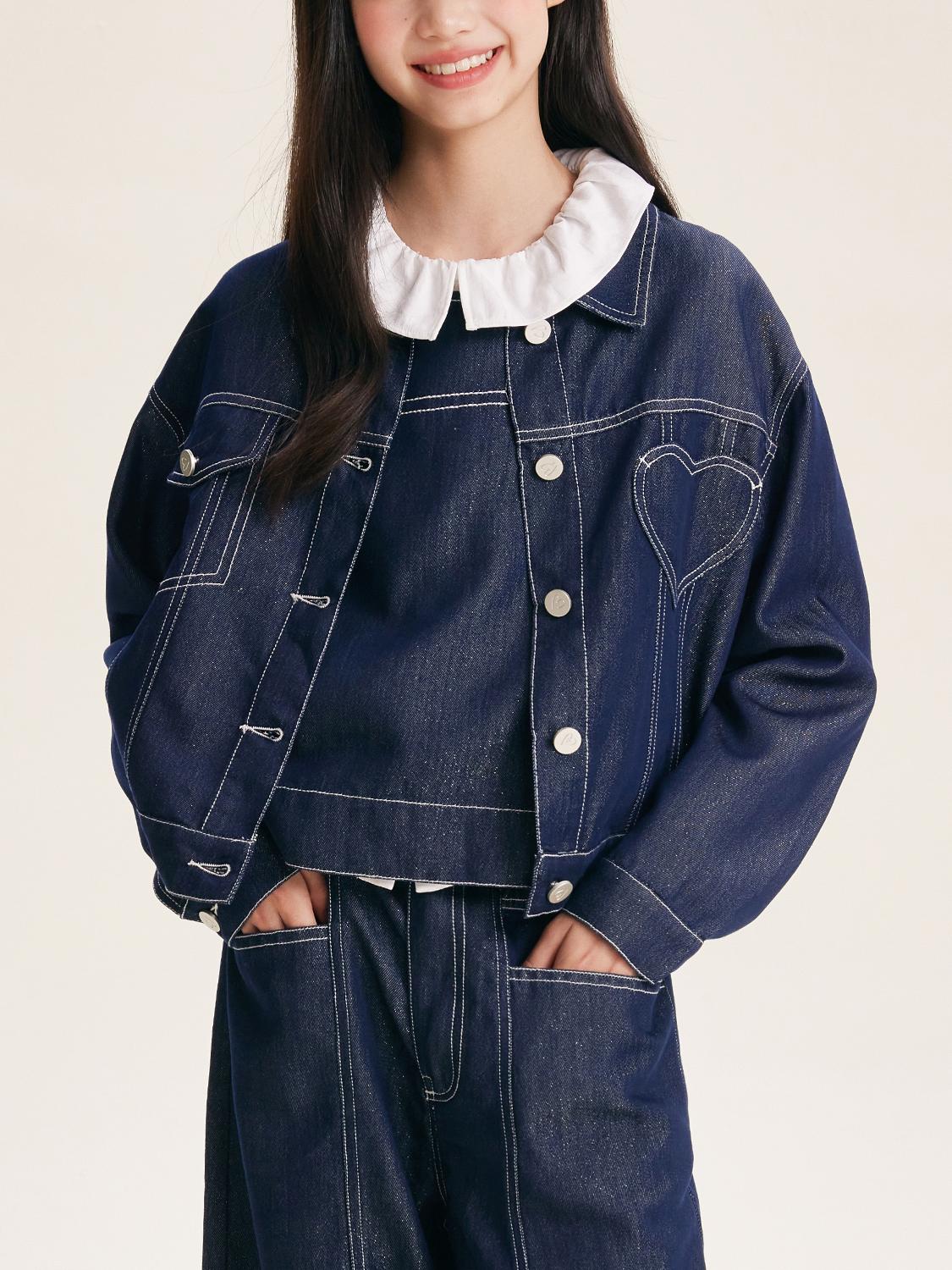 Girls Denim Jacket with Heart Pocket and Button Front