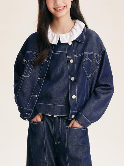 Girls Denim Jacket with Heart Pocket and Button Front