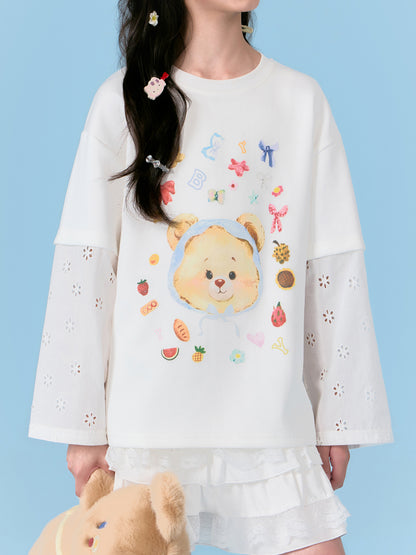 Girls Bear Print Long Sleeve Tee with Lace Patchwork
