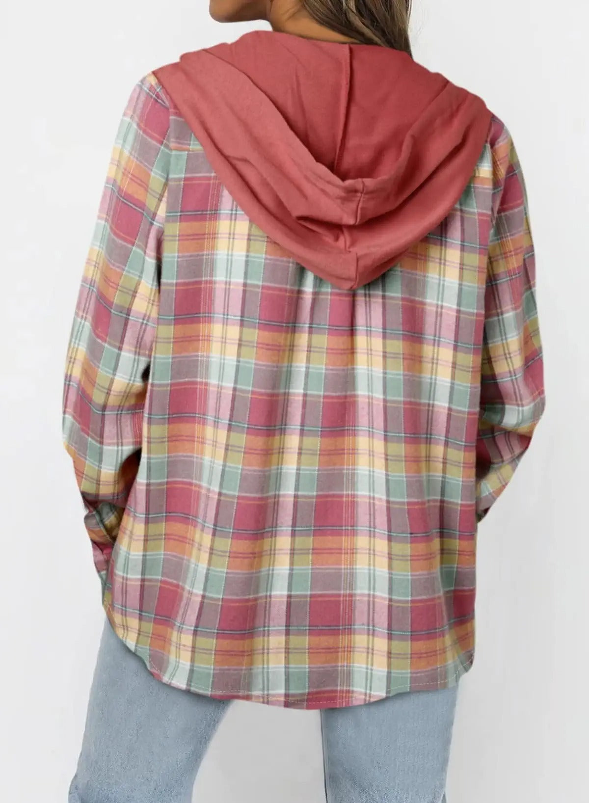 Hooded Plaid Button-Up Jacket - Casual Oversized Shacket