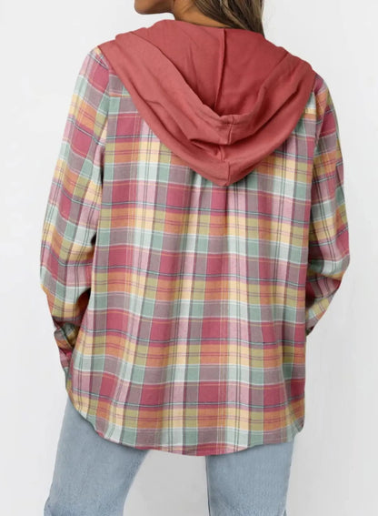 Hooded Plaid Button-Up Jacket - Casual Oversized Shacket