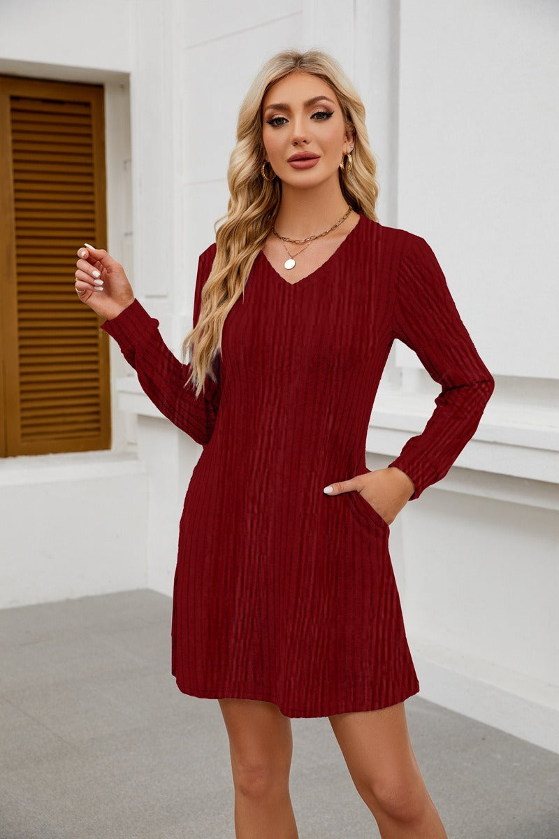 V Neck Ribbed Knit Dress - Brushed Long Sleeve Mini