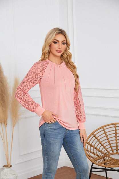 Lace Sleeve Pleated Blouse - Round Neck Long Sleeve Top