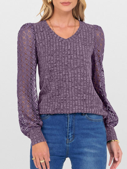 V-Neck Knit Top with Lace Puff Long Sleeves