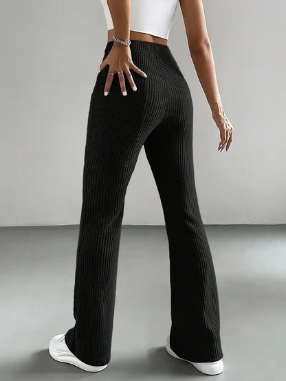 High Waist Ribbed Knit Flare Pants for Women