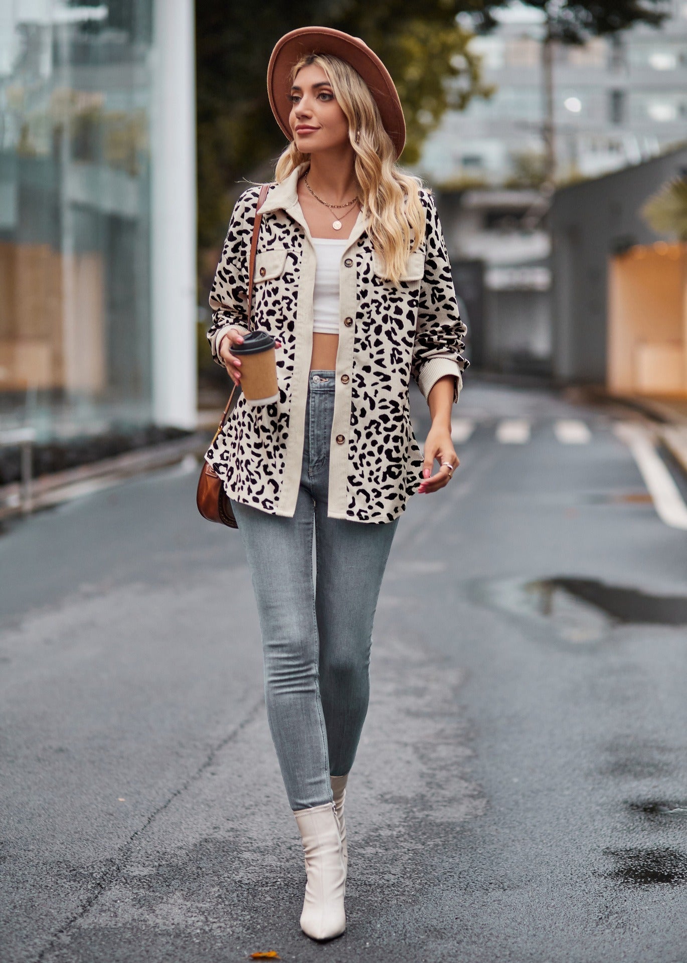 Leopard Print Corduroy Button Down Oversized Shirt Jacket