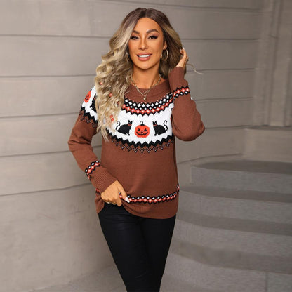 Halloween Black Cat & Pumpkin Knit Sweater for Women